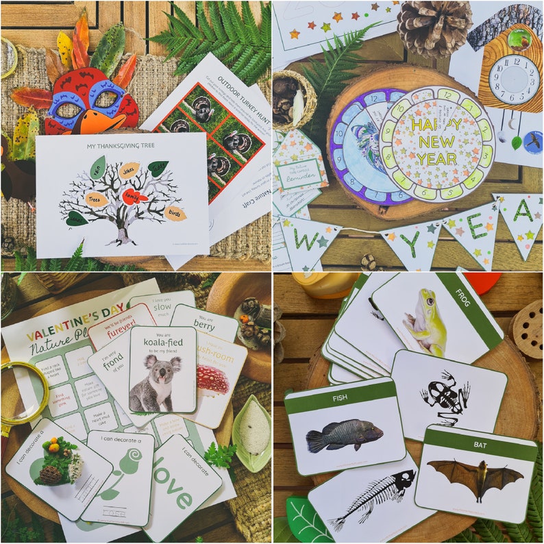 May include: A set of educational cards featuring nature-themed illustrations and text. The cards include images of a frog, fish, bat, and a koala. The text on the cards includes words like "koala-fied", "friend", "slow", and "berry".