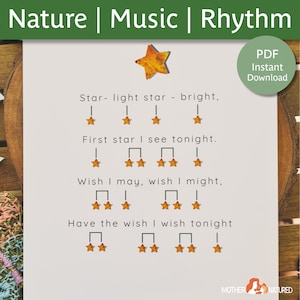 May include: A printable music and rhythm activity sheet featuring the lyrics to the song "Twinkle Twinkle Little Star" with a star-shaped leaf illustration at the top. The lyrics are "Star - light star - bright, First star I see tonight. Wish I may, wish I might, Have the wish I wish tonight."