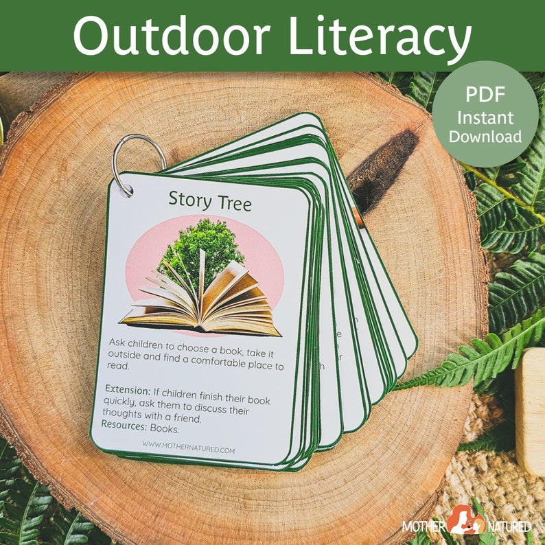 May include: A set of green and pink cards with the title "Story Tree" and instructions for an outdoor literacy activity. The cards feature a book with a tree growing out of it.