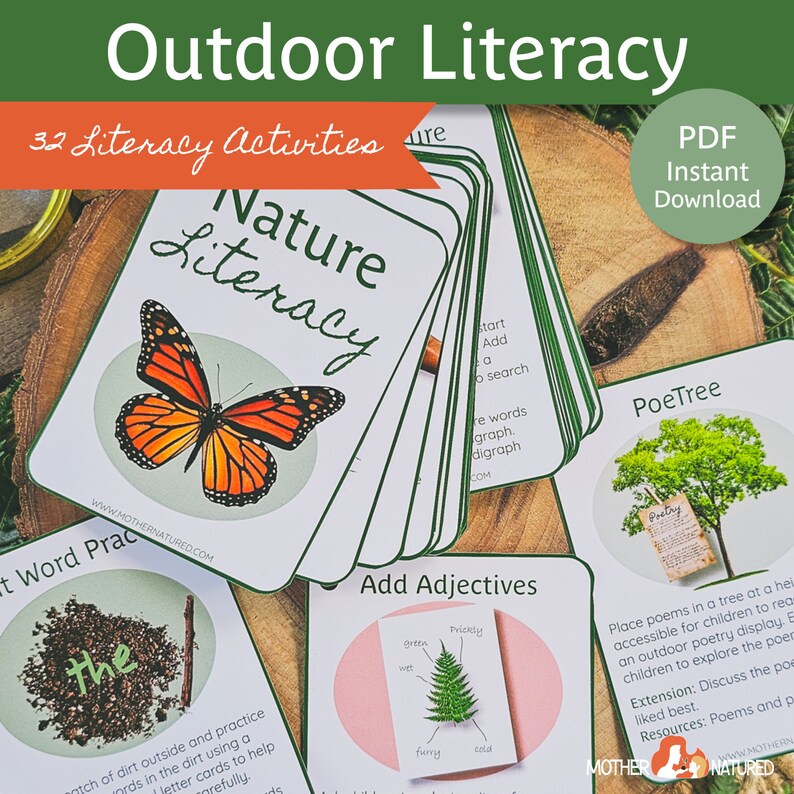 May include: A set of 32 printable cards for outdoor literacy activities. The cards feature nature-themed activities such as "Nature Literacy", "Poe Tree", "Add Adjectives", and "Sight Word Practice".