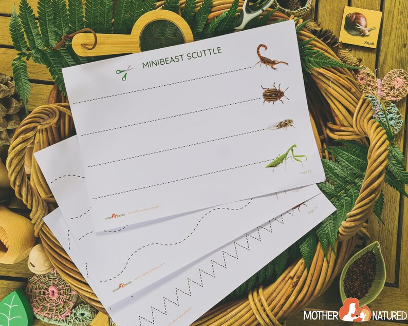 May include: A set of four printable worksheets for kids to practice tracing lines. The worksheets feature a variety of lines, including straight lines, wavy lines, and zig-zag lines. The worksheets also feature images of insects, including a scorpion, a beetle, a dragonfly, and a praying mantis. The title of the worksheets is "Minibeast Scuttle".