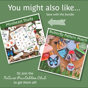 May include: Two printable educational activity sets for kids featuring minibeasts and butterflies. The minibeast set includes a spinner, a matching game, and a mini-beast identification chart. The butterfly set includes a butterfly pattern matching game with a wheel and butterfly cards. Both sets are part of a nature printables club.