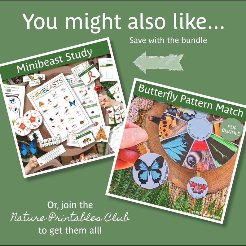 May include: Two printable educational activity sets for kids featuring minibeasts and butterflies. The minibeast set includes a spinner, a matching game, and a mini-beast identification chart. The butterfly set includes a butterfly pattern matching game with a wheel and butterfly cards. Both sets are part of a nature printables club.