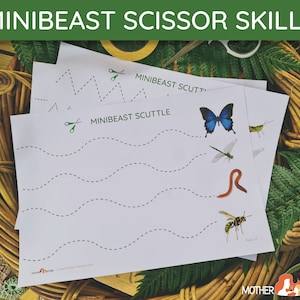 May include: A set of three printable worksheets for kids to practice scissor skills. Each worksheet features a different minibeast, including a butterfly, dragonfly, and worm, and a dotted line for kids to cut along. The worksheets are titled "Minibeast Scuttle" and are part of the "Mother Natured" brand.
