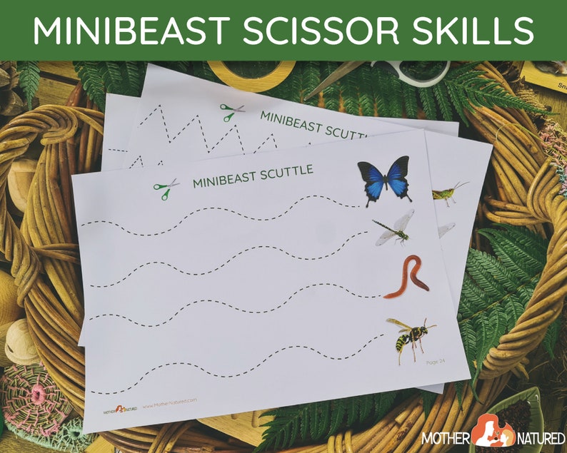 May include: A set of three printable worksheets for kids to practice scissor skills. Each worksheet features a different minibeast, including a butterfly, dragonfly, and worm, and a dotted line for kids to cut along. The worksheets are titled "Minibeast Scuttle" and are part of the "Mother Natured" brand.
