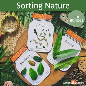 Op de afbeelding: Drie afdrukbare potten sjablonen voor een natuur sorteeractiviteit. De potten zijn gelabeld met "Klein", "Medium" en "Groot".