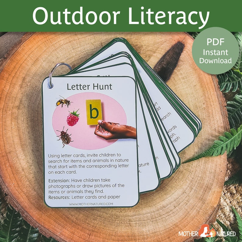 May include: A set of printable letter hunt cards for outdoor literacy activities. The cards feature a pink circle with a letter "b" in a yellow square and images of a bee, raspberry, and a beetle. The text on the card reads "Letter Hunt" and includes instructions for using the cards to search for items and animals in nature that start with the corresponding letter.