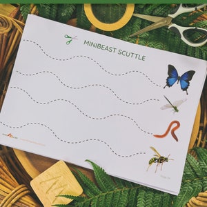 May include: A printable worksheet with a dotted line path for kids to cut with scissors. The worksheet features a butterfly, dragonfly, worm, and wasp. The title of the worksheet is "MiniBeast Scuttle".