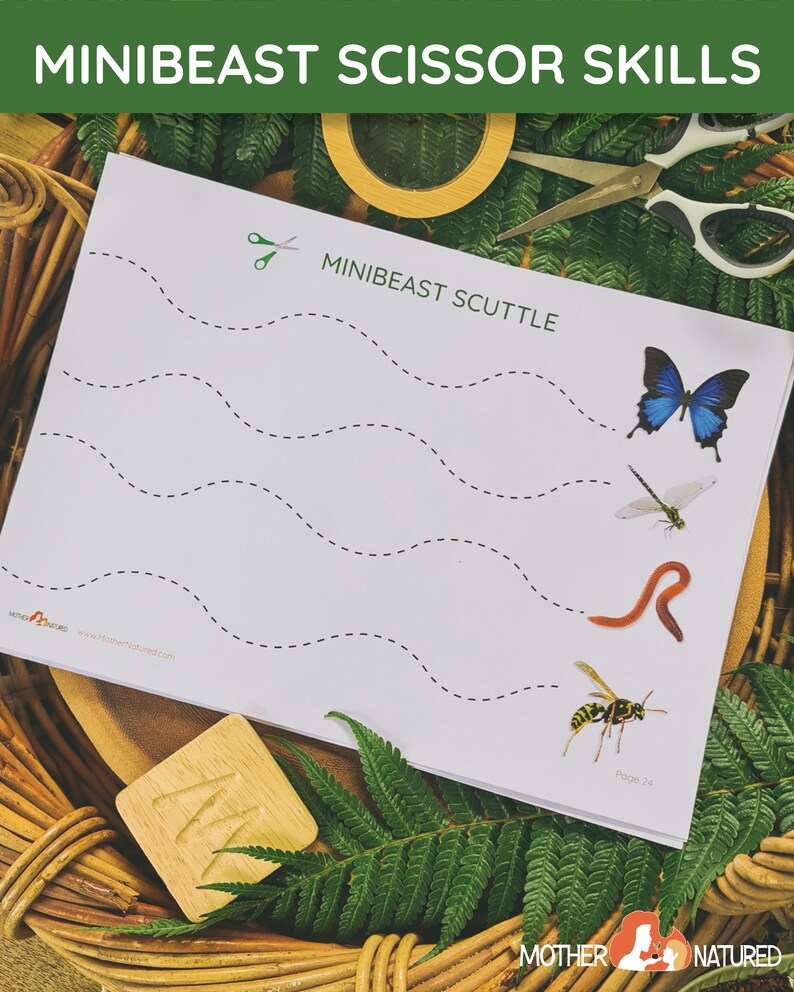 May include: A printable worksheet with a dotted line path for kids to cut with scissors. The worksheet features a butterfly, dragonfly, worm, and wasp. The title of the worksheet is "MiniBeast Scuttle".