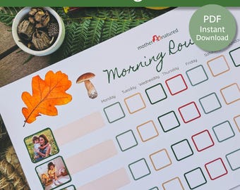 Druckbare Morgen Tabelle für Kinder | Naturbezogenes visuelles Routine-Diagramm | Kinder Morgen Routine Printable | Visueller Stundenplan für Kinder