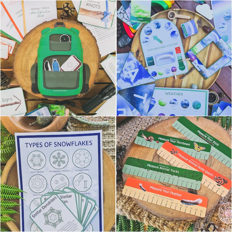 May include: A collection of nature-themed educational games and activities for kids. The games include a weather station, animal track identification cards, snowflake identification cards, and measuring tools for different objects found in nature. The games are laid out on a wooden table with a green, brown, and blue color scheme.