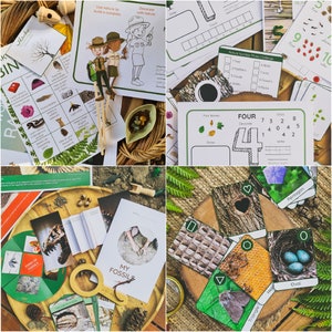 May include: A set of educational nature-themed learning materials for kids. The set includes a nature scavenger hunt, a number matching game, a nature compass, a fossil identification game, and a shape matching game. The materials are printed on white paper with colorful illustrations.