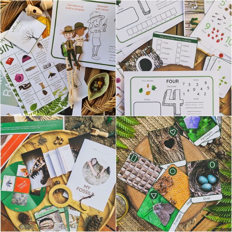 May include: A set of educational nature-themed learning materials for kids. The set includes a nature scavenger hunt, a number matching game, a nature compass, a fossil identification game, and a shape matching game. The materials are printed on white paper with colorful illustrations.
