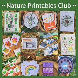 May include: A collage of printable educational resources for children featuring nature themes. The printables include an alphabet chart, number chart, a nature journal, a rainbow, a leaf identification chart, and a nature mandala.
