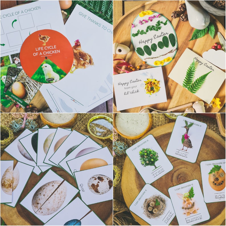 May include: A set of printable Easter activity cards featuring images of a duck, tree, nest, bunny, and egg. The cards have the text "I can decorate a" followed by the name of the object. The cards are on a wooden surface with a variety of natural elements, including leaves, twigs, and flowers.