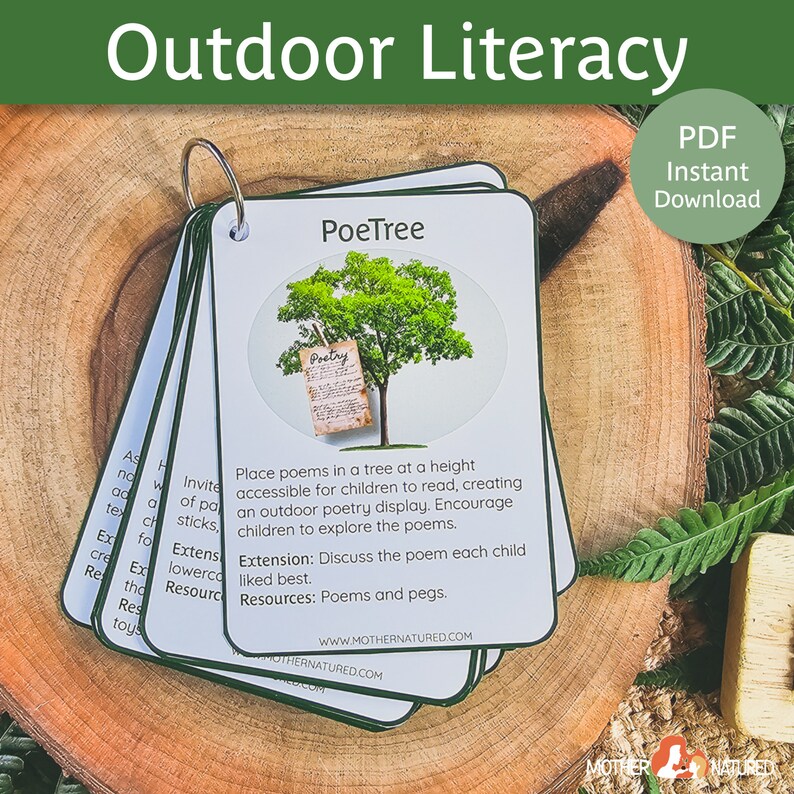 May include: A set of printable cards for outdoor literacy activities. The cards are white with green borders and feature the title "PoeTree". The card shows a tree with a poem attached to it. The text on the card reads: "Place poems in a tree at a height accessible for children to read, creating an outdoor poetry display. Encourage children to explore the poems. Extension: Discuss the poem each child liked best. Resources: Poems and pegs."