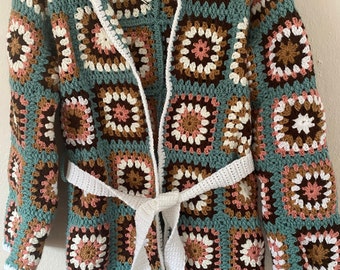 Boho Crochet Hooded Cardigan, Granny Square Cardigan, Afghan Coat, Patchwork Jacket, Crochet Sweater, Boho Hippie Clothing