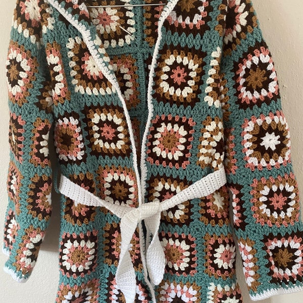 Boho Crochet Hooded Cardigan, Granny Square Cardigan, Afghan Coat, Patchwork Jacket, Crochet Sweater, Boho Hippie Clothing