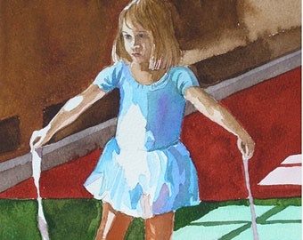 Ballet class. Original watercolour painting of young ballerina. Signed by the artist.