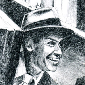 Peut inclure: Un dessin au crayon noir et blanc d'un homme portant un chapeau et un costume, souriant et regardant vers la droite.