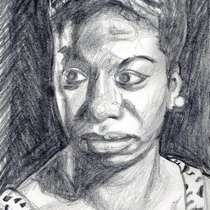 May include: A detailed pencil portrait of a person with a contemplative expression. The artwork features strong shading and highlights, emphasizing the facial features, including the eyes, nose, and mouth. The person is wearing a patterned garment.