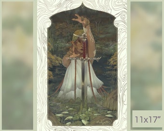 Lady of the Lake A3 Illustration | 11x17" Fantasy Arthurian Sword Nature