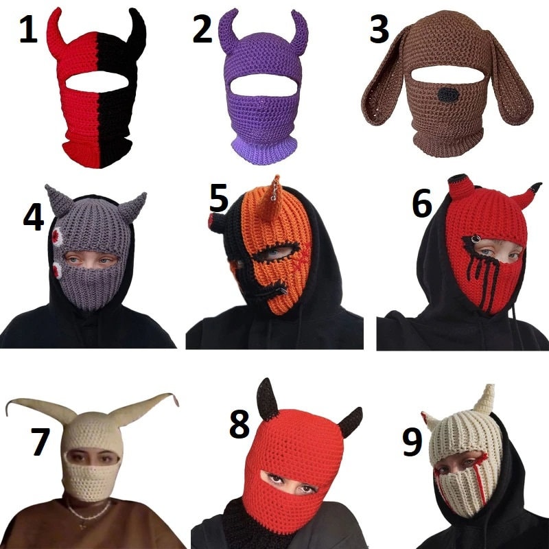 Funny Horns Creative Knitted Hat Beanies Warm Full Face Cover Etsy