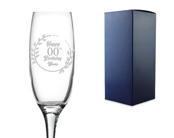 ANY Name & Age Happy Birthday Wreath Design Personalised Champagne Flute Glass and Gift Box , 18th , 21st , 30th , 40th , 50th , Prosecco