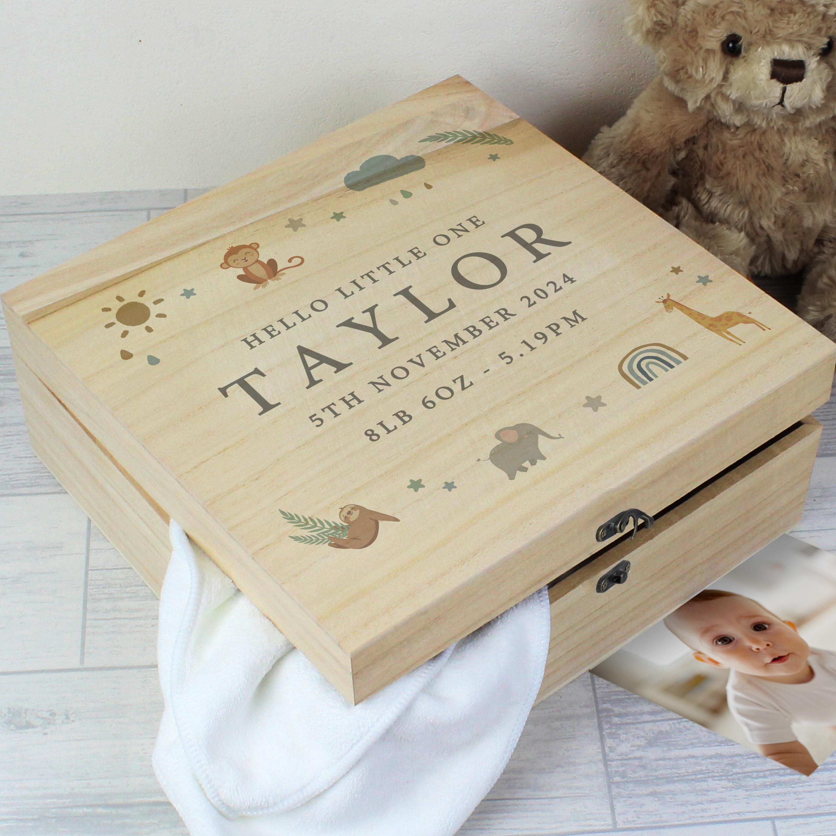 Personalised Safari Animals Large Wooden Keepsake Box , Baby Shower ...