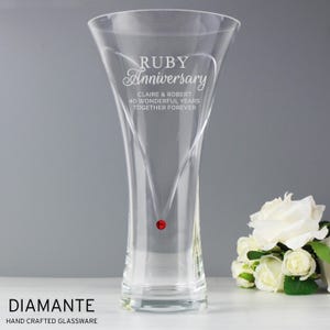 Personalised Engraved Hand Cut Large Ruby Diamante Heart Vase with Crystal Elements, 40th Ruby Wedding Anniversary , Express Delivery Option