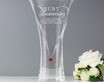 Personalised Engraved Hand Cut Large Ruby Diamante Heart Vase with Crystal Elements, 40th Ruby Wedding Anniversary , Express Delivery Option