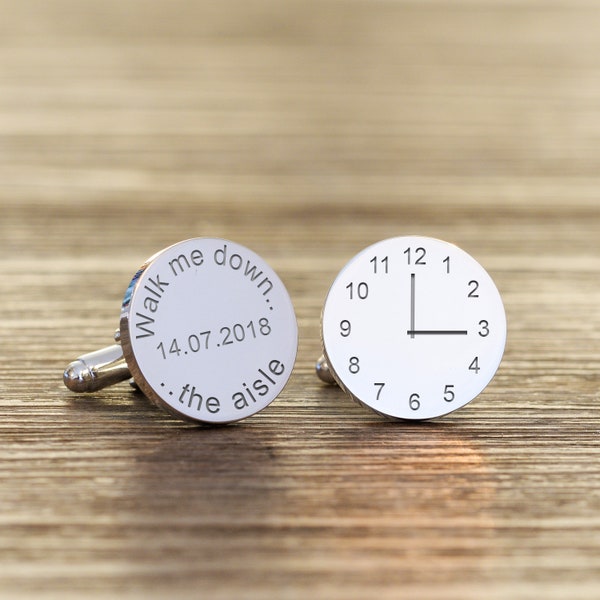 Walk Me Down The Aisle Cufflinks , Personalised Round Wedding Cufflinks Father of the Bride Gift, Custom Time and Date , Father Of The Bride