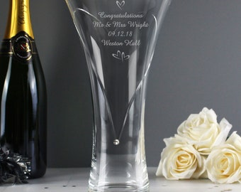 Engraved Large Hand Cut Little Hearts Diamante Personalised Vase Crystal Elements Wedding , Anniversary , Birthday , Express Delivery Option
