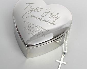 First Holy Communion Heart Personalised Trinket Box with Cross necklace option , 1st Holy Communion Gift , Express Delivery option Available