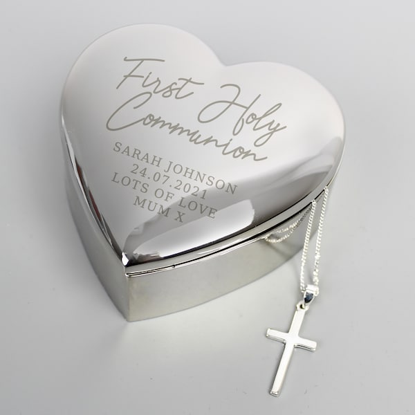 First Holy Communion Heart Personalised Trinket Box with Cross necklace option , 1st Holy Communion Gift , Personalised Holy Communion