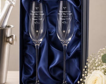 Stunning Personalised Little Hearts Hand Cut Pair of Champagne Flutes with Crystal Elements Glasses - A Silk Lined Gift Box