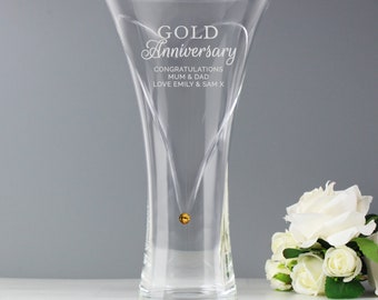 Hand Cut Large Gold Diamante Heart Engraved Personalised Golden Anniversary Vase with Crystal Elements , 50th Anniversary , Express Option