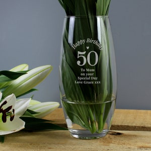 Happy Birthday Personalised Vase , Birthday Vase , 30th , 40th , 50th , 60th , 70th , 80th , Mum , Grandma , Nan , Express Delivery Option