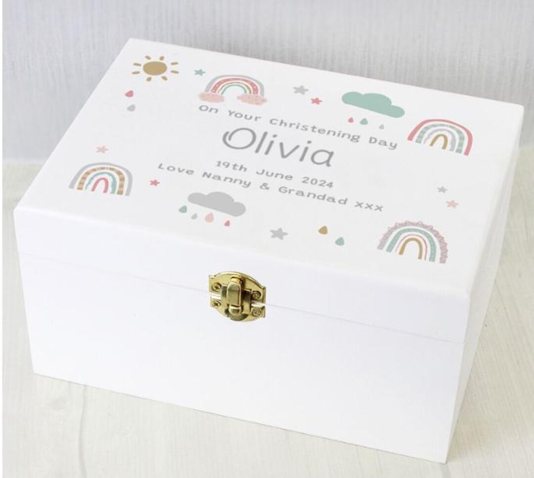 Personalised Engraved Rainbow Christening White Wooden Keepsake Box ...