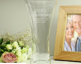 Personalised Engraved Hand Cut Large Ruby Diamante Heart Vase with Crystal Elements, 40th Ruby Wedding Anniversary , Express Delivery Option