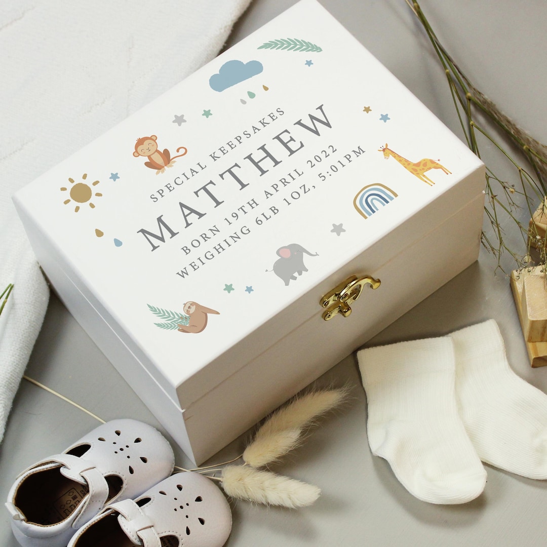 Personalised Safari Animals White Wooden Keepsake Box , Baby Shower ...