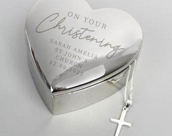 Personalised Cross Necklace & Christening Heart Engraved Trinket Box Gift Set , Christening , Christening Gift , Express Delivery Option