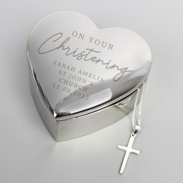 Personalised Cross Necklace & Christening Heart Engraved Trinket Box Gift Set , Christening , Christening Gift , Express Delivery Option