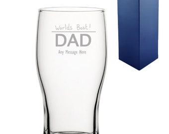Engraved Personalised World's Best Dad Pint Glass & Gift Box , Father's Day Gift , Birthday , Daddy , Christmas , Lager , Cider , Guinness