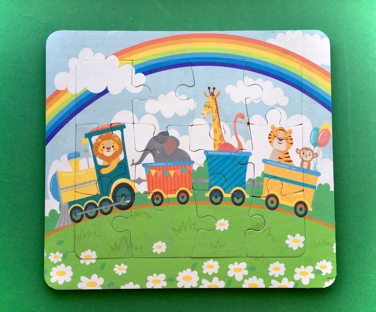Wooden puzzle for kids Train with funny animals . Wooden Etsy
