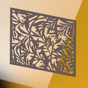 May include: A decorative metal wall panel with a cut-out design of stylized leaves and branches. The panel is a dark gray color and has a rustic, vintage look.