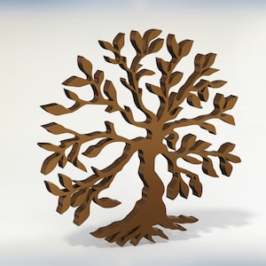 Könnte beinhalten: Eine braune Holzskulptur eines Baumes mit filigranen Ästen und Blättern. Der Baum steht auf einer weißen Oberfläche.