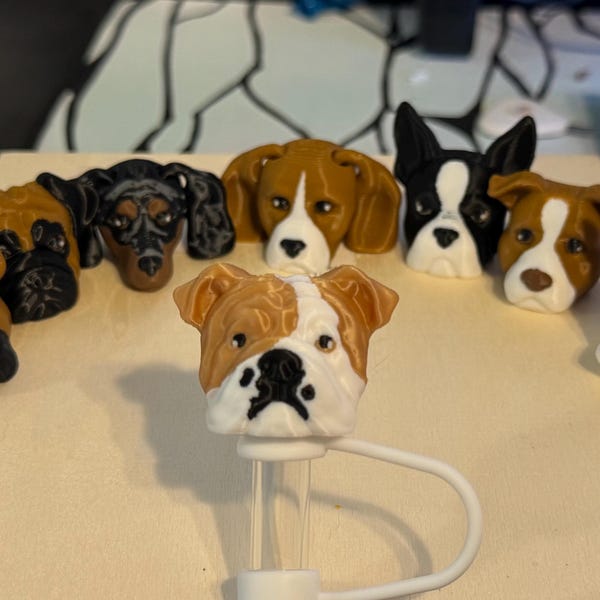 Set de 3 adornos para pajitas con la raza de perro Stanley impresos en 3D