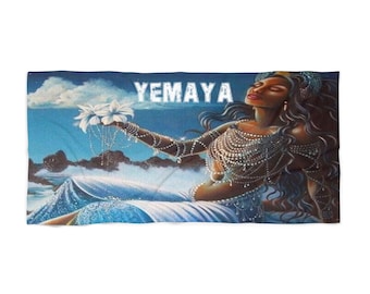 May include: A colorful illustration of a woman with dark skin and long black hair, wearing a white and blue dress and a pearl necklace. She is holding a white flower and the word "YEMAYA" is written in white letters across the top of the image.