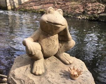 Frog Prince made of sandstone, garden decoration, figure, large, pond,